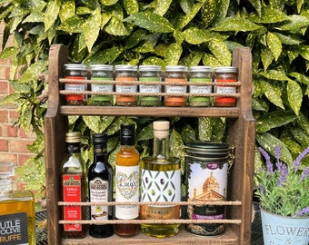 Wooden Spice and Condiment Rack - Perfect Kitchen Storage for Herbs and Spices, oils and other condiments.  Jacobean Oak