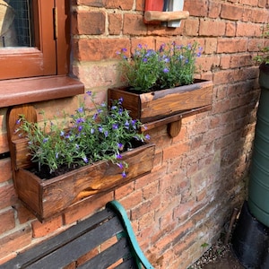 Rustic Wood Double Outdoor Window Box for Herbs and Flowers designed to frame a window handmade and stained or painted in your colour choice