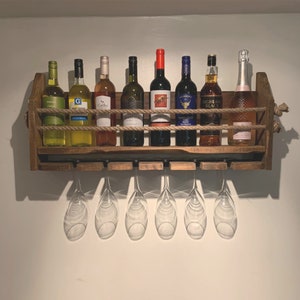 Wooden wall mounted wine rack, Choice of finishes, Perfect for Wine, Gin, Spirits, Champagne. Holds 6 glasses and 8-9 Bottles. Rustic wood image 7