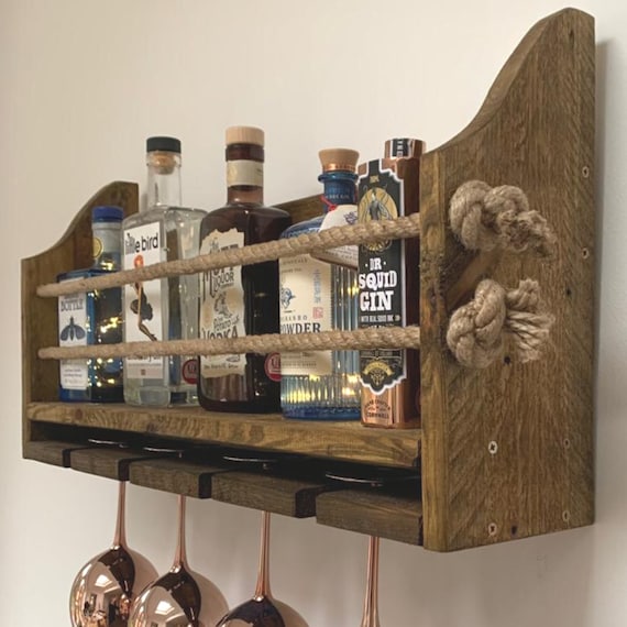 Wall Mounted Gin Rack Handcrafted Rustic Wood Bar With Top Shelf for Bottles and Underneath a Wooden Shelf for 4 Gin Balloon Glasses Etsy