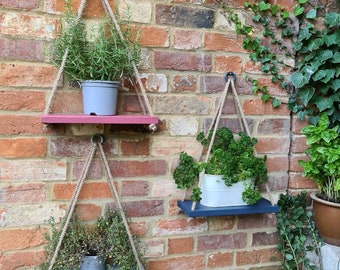 Wooden hanging rope shelves painted in Pink Blue and Grey - Herb Plant Shelves Bathroom Bedroom Kitchen Herb garden