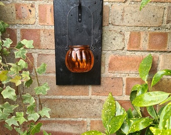Handmade Rustic Black Wall Lantern holder with Glass Lantern and lights perfect for a house or garden wall, BBQ, Decking, Party Lights, Bar