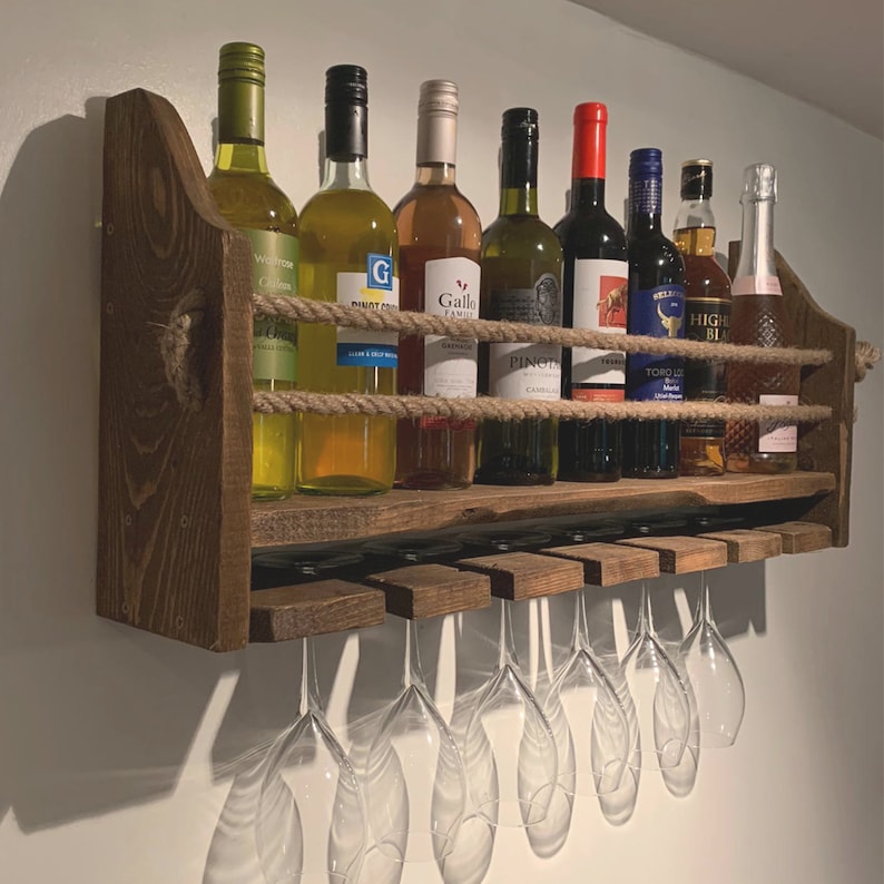 Wooden wall mounted wine rack, Choice of finishes, Perfect for Wine, Gin, Spirits, Champagne. Holds 6 glasses and 8-9 Bottles. Rustic wood image 4