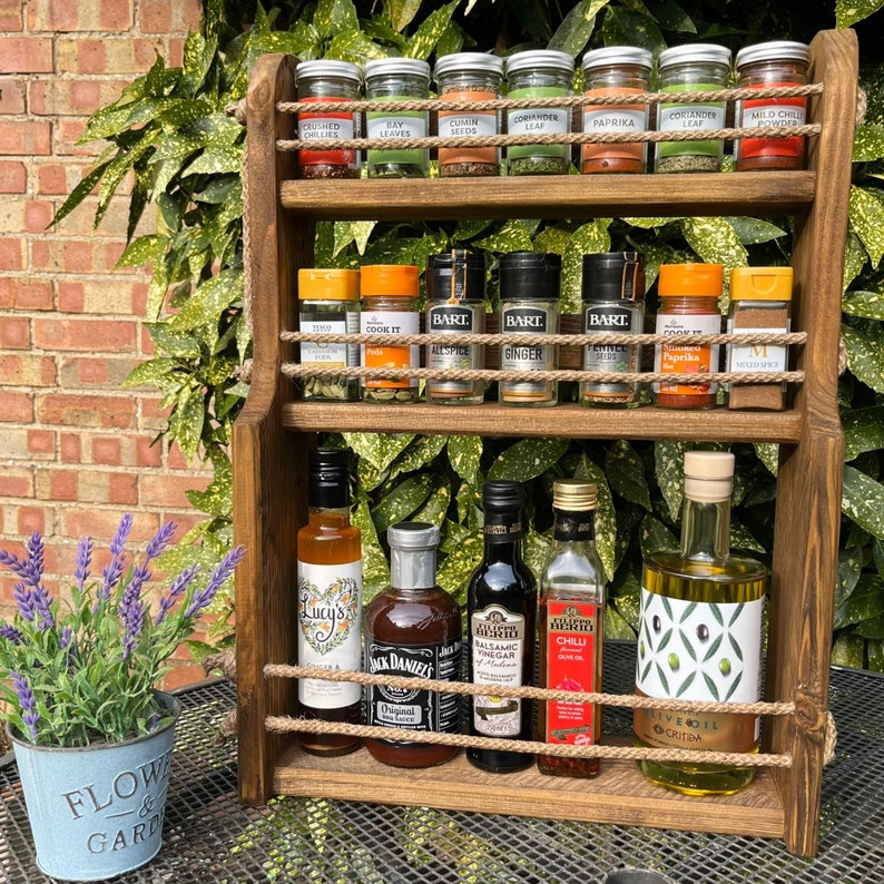 Wooden Spice Rack: Double Shelf Herb & Oil Storage, Oak Finish - Etsy