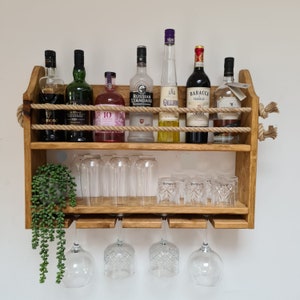 Handcrafted Wooden Drinks Rack for wall, holds bottles, gin glasses, Hi-ball glasses Pint and whisky tumblers. Rustic Wood Choice of Colours