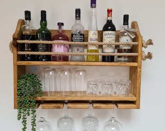 Estante para bebidas de madera, para botellas, vasos de ginebra, vasos Hi-ball, vasos de pinta y whisky. Montado en la pared Madera rústica Elección de colores