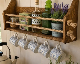 Wall Mounted Reclaimed Wood Shelf with Rope Front & Mug Hooks