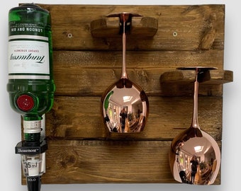 Gin Optics drinks rack - Handcrafted Rustic Wall Mounted Wood Bar - holds 1 Bottle and 2 large Gin Balloon Glasses 35ml measure