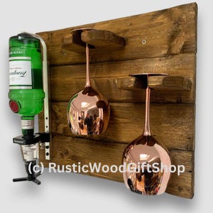 Gin Optics drinks rack - Handcrafted Rustic Wall Mounted Wood Bar - holds 1 Bottle and 2 large Gin Balloon Glasses 35ml measure