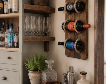 Rustic Reclaimed Wood Wine Rack: Wall Mounted Rope Bottle Holder