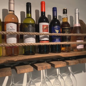 Wooden wall mounted wine rack, Choice of finishes, Perfect for Wine, Gin, Spirits, Champagne. Holds 6 glasses and 8-9 Bottles. Rustic wood image 6