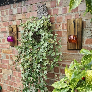Handmade Rustic Oak Wall Lantern holder with Glass Lantern and lights perfect for a house or garden wall, BBQ, Decking Lights, Party Lights