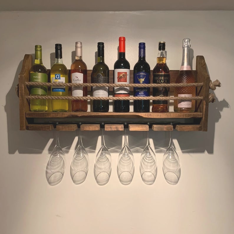 Wooden wall mounted wine rack, Choice of finishes, Perfect for Wine, Gin, Spirits, Champagne. Holds 6 glasses and 8-9 Bottles. Rustic wood image 5