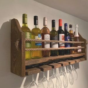 Wooden wall mounted wine rack, Choice of finishes, Perfect for Wine, Gin, Spirits, Champagne. Holds 6 glasses and 8-9 Bottles. Rustic wood image 2