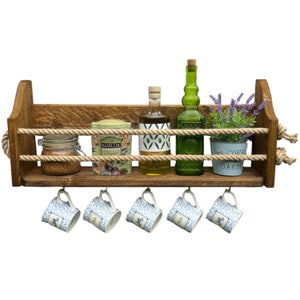 Wall Mounted rope fronted shelf with hooks for mugs.  Perfect to hold your favourite tipple, glasses, mugs or condiments