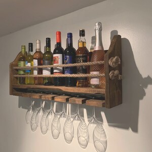 Wooden wall mounted wine rack, Choice of finishes, Perfect for Wine, Gin, Spirits, Champagne. Holds 6 glasses and 8-9 Bottles. Rustic wood image 8