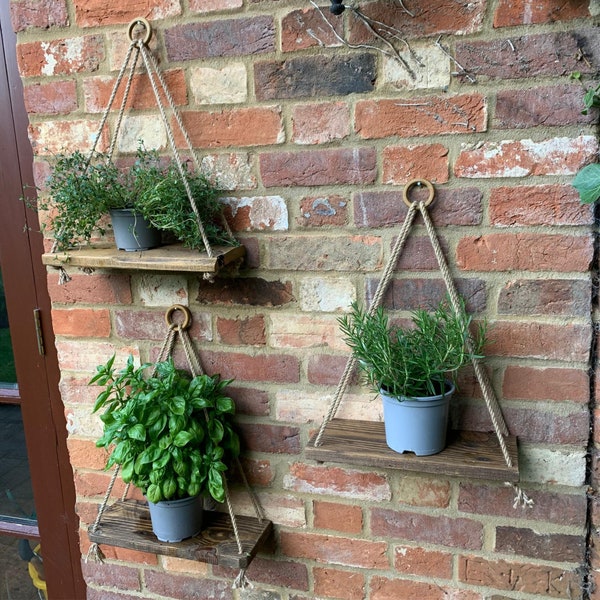Wood Hanging Rope Wall Shelves, Made in England, Rustic Handmade Shelving for Garden, Home, Bathroom, perfect for Herbs, Plants, Candles
