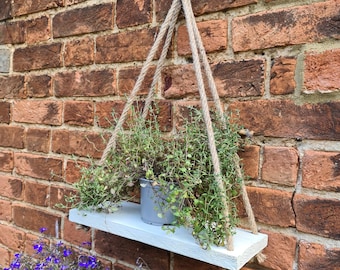 Hanging Wood shelf with rope painted off white for the Garden Bathroom Patio or Kitchen holds herbs flowers plants candles bubble bath