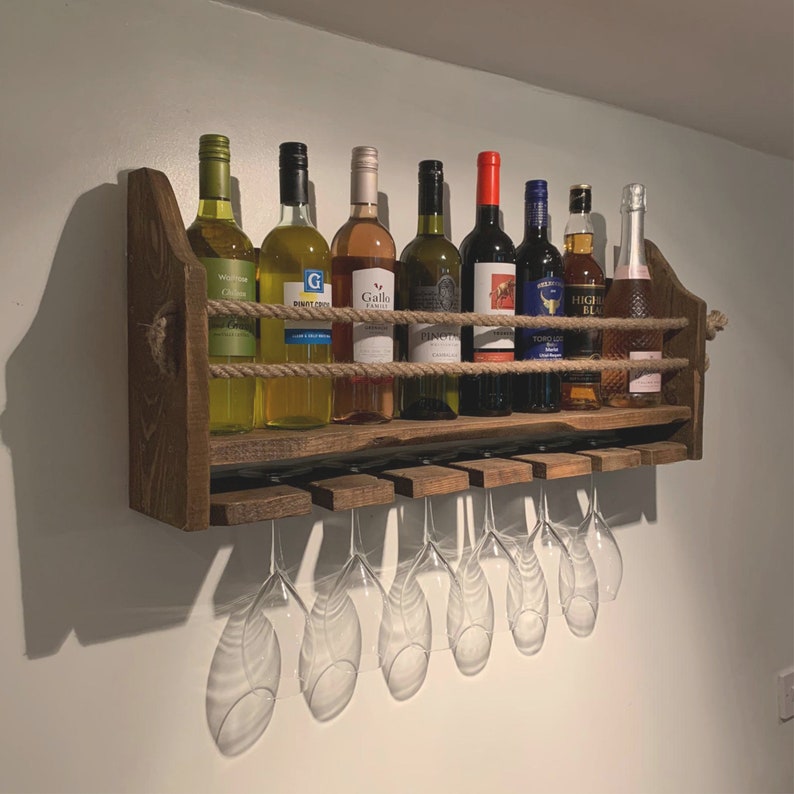 Wooden wall mounted wine rack, Choice of finishes, Perfect for Wine, Gin, Spirits, Champagne. Holds 6 glasses and 8-9 Bottles. Rustic wood image 3