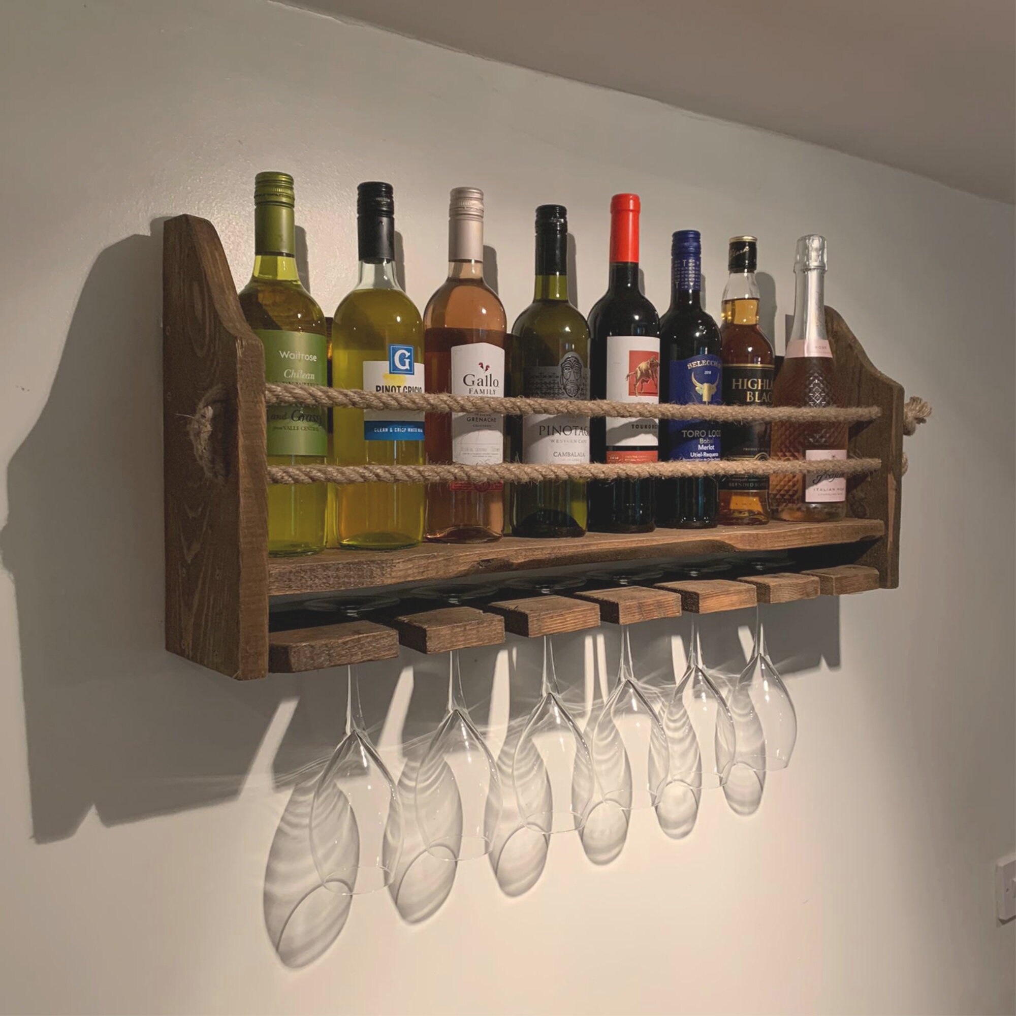 Rustic Reclaimed Wood Wine Rack: Wall Mounted Drinks Bar, Holds 6