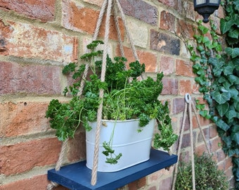 Painted Wooden hanging rope shelves for Garden Home Bathroom Handmade in the UK using high quality rustic wood and rope. Garden Gift ideas