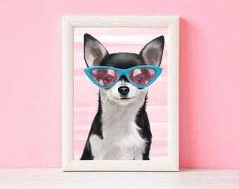 Lámina artística de Chihuahua / Perro gracioso con gafas de sol rosas (Descarga digital)