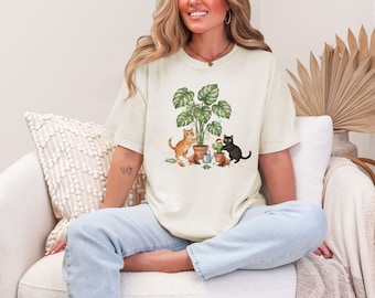 Maglietta natalizia con piante – Felpa natalizia con gatto divertente e monstera – Maglietta per gli amanti delle piante natalizie – Regalo botanico per la mamma di un gatto