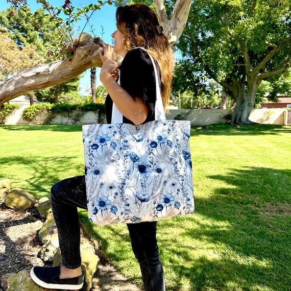 Blue Wildflower Tote Bag for Shopping with Cotton Tote Bag for Grandma Gift cute wildflower bag with blue flowers accessory