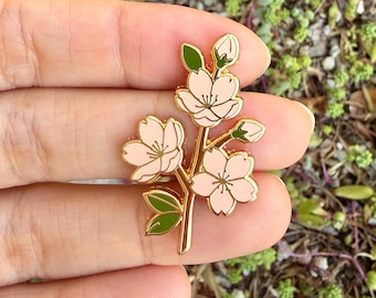 Cherry Blossom Enamel Pin, Sakura Floral Lapel Pin, Gold Tone Nature Inspired Bag Accessory