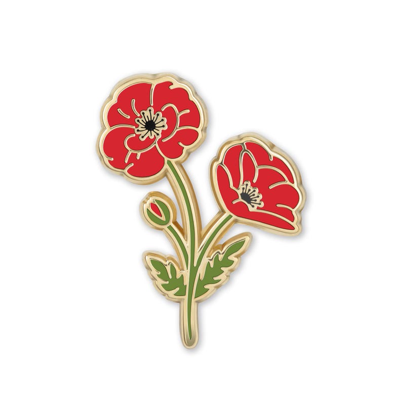 May include: Gold-tone enamel pin featuring two red poppies with black centers and green stems and leaves.