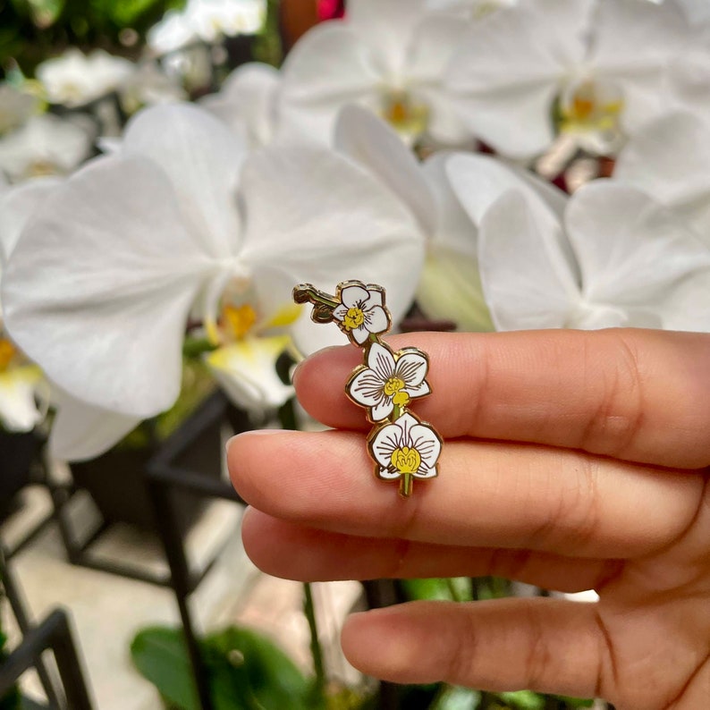 Flower Enamel Pin White Orchid Enamel Pin , Flower Lover Gift , Floral Pin Badge image 2