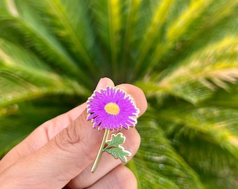 Aster Flower Enamel Lapel Pin - September Birth Flower Gift