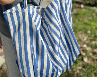 Blue & Cream Striped Tote Bag, Large Woven Beach Bag