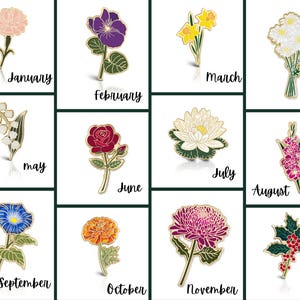 May include: Twelve enamel pins featuring different flowers and the month they represent. The pins are arranged in a grid with the month name below each pin. The flowers are: carnation, pansy, daffodil, daisy, lily of the valley, rose, water lily, gladiolus, forget-me-not, marigold, chrysanthemum, and holly.