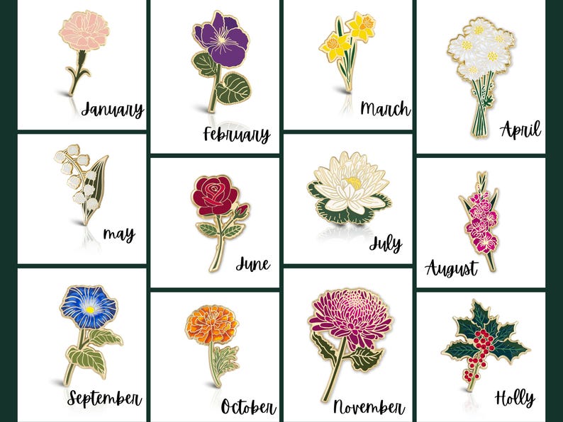 May include: Twelve enamel pins featuring different flowers and the month they represent. The pins are arranged in a grid with the month name below each pin. The flowers are: carnation, pansy, daffodil, daisy, lily of the valley, rose, water lily, gladiolus, forget-me-not, marigold, chrysanthemum, and holly.