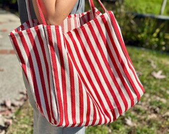 Sac fourre-tout en toile à rayures rouges – Grand sac tissé pour la plage et le marché – Sac d'été côtier