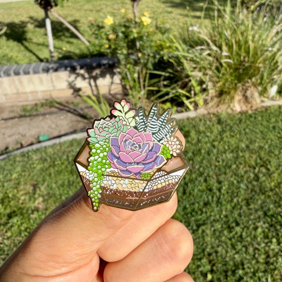 Succulent Terrarium Enamel Pin – Cactus & Plant Lover Pin, Botanical Gold Lapel Pin, Cute Houseplant Badge Gift