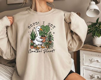 Sudadera "Uy, tengo otra planta" - Divertida sudadera de cuello redondo con diseño de ganso para amantes de las plantas - Regalo acogedor para mamás de plantas - Jersey de jardinero