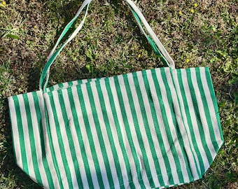 Sac fourre-tout à rayures vertes et crème, grand sac de plage tissé