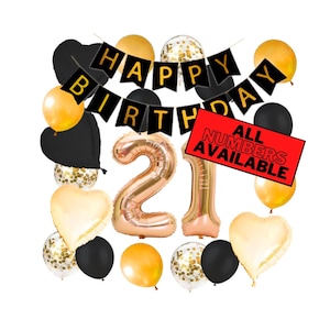 21st Birthday Decorations For Him or Her - Gold and Black Theme - 21st Birthday Balloons Banner Heart & Confetti Balloons 21 Birthday Party
