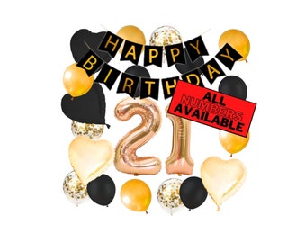 21st Birthday Decorations For Him or Her - Gold and Black Theme - 21st Birthday Balloons Banner Heart & Confetti Balloons 21 Birthday Party