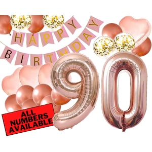 90th Birthday Decorations - Pink and Rose Gold Theme - 90th Birthday Balloons, Banner, Heart Balloons, Confetti Balloons - 90 Birthday Party