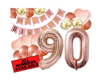 90th Birthday Decorations - Pink and Rose Gold Theme - 90th Birthday Balloons, Banner, Heart Balloons, Confetti Balloons - 90 Birthday Party