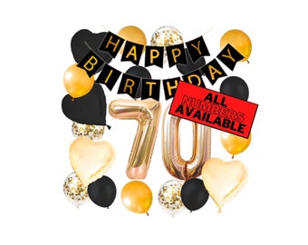 70th Birthday Decorations For Him or Her - Gold and Black Theme - 70th Birthday Balloons Banner Heart & Confetti Balloons 70 Birthday Party