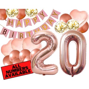20th Birthday Decorations - Pink and Rose Gold Theme - 20th Birthday Balloons, Banner, Heart Balloons, Confetti Balloons - 20 Birthday Party