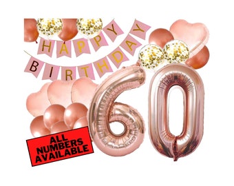 60th Birthday Decorations - Pink and Rose Gold Theme - 60th Birthday Balloons, Banner, Heart Balloons, Confetti Balloons - 60 Birthday Party