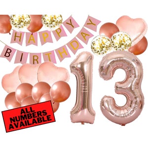 13th Birthday Decorations - Pink and Rose Gold Theme - 13th Birthday Balloons, Banner, Heart Balloons, Confetti Balloons - 13 Birthday Party