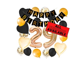 29th Birthday Decorations Set - Black Number 29 Balloons, Banner, Hearts, Stars, Confetti, 40pcs Party Kit