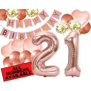 21st Birthday Decorations - Pink and Rose Gold Theme - 21st Birthday Balloons, Banner, Heart Balloons, Confetti Balloons - 21 Birthday Party