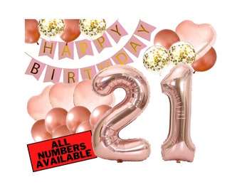 21st Birthday Decorations - Pink and Rose Gold Theme - 21st Birthday Balloons, Banner, Heart Balloons, Confetti Balloons - 21 Birthday Party